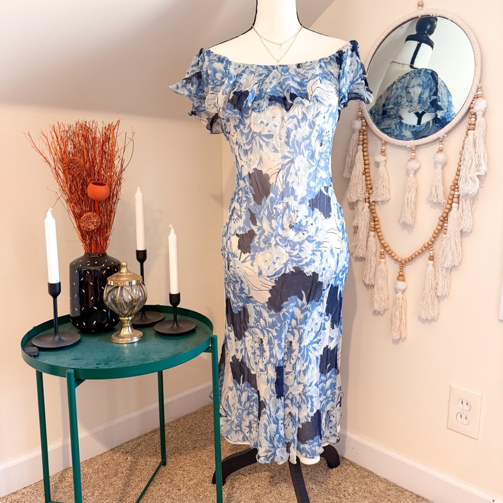 Polo Ralph Lauren Blue and White Floral Handkerchief Flutter Silk Midi Dress